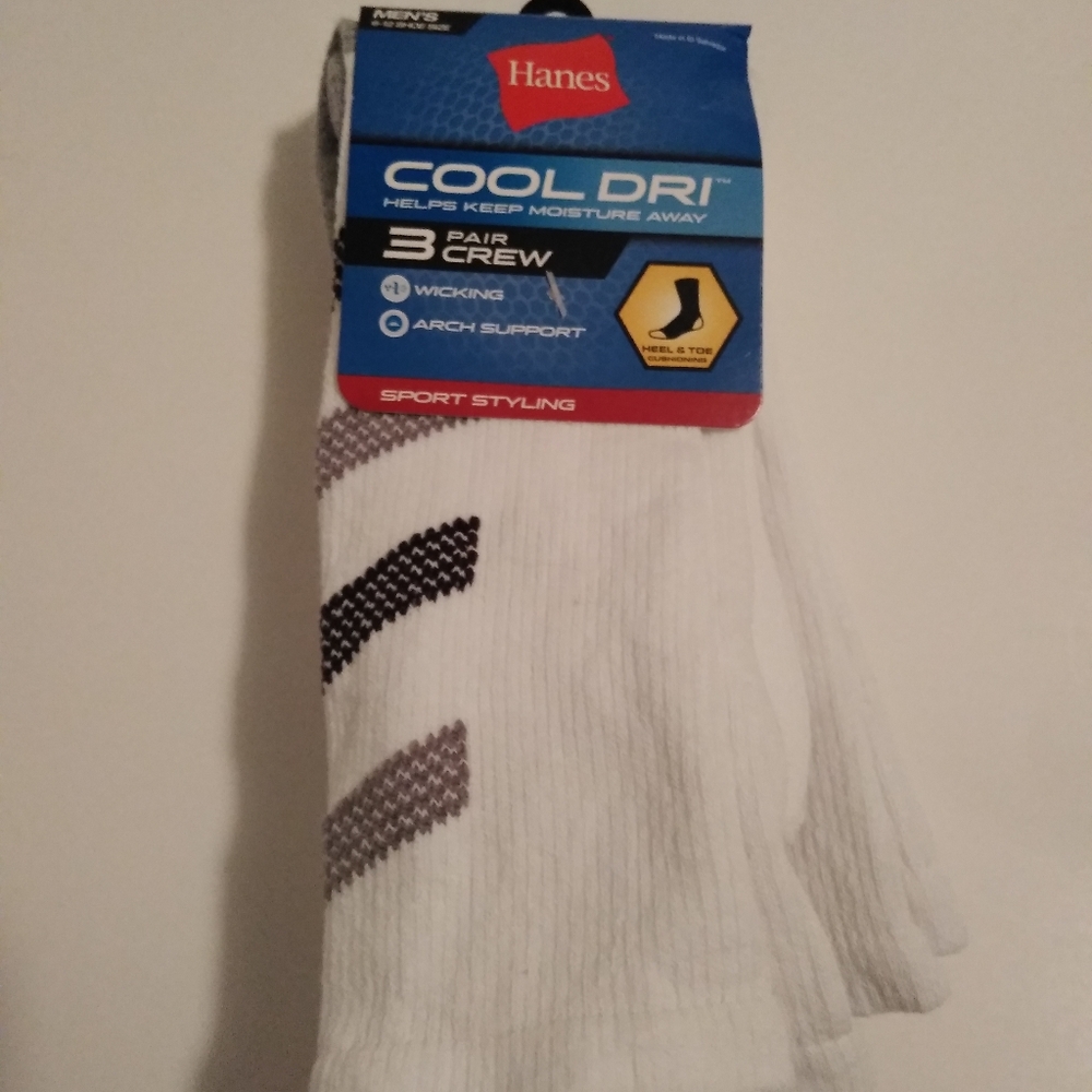 Mens Hanes Cool Dri Crew Socks 6-12